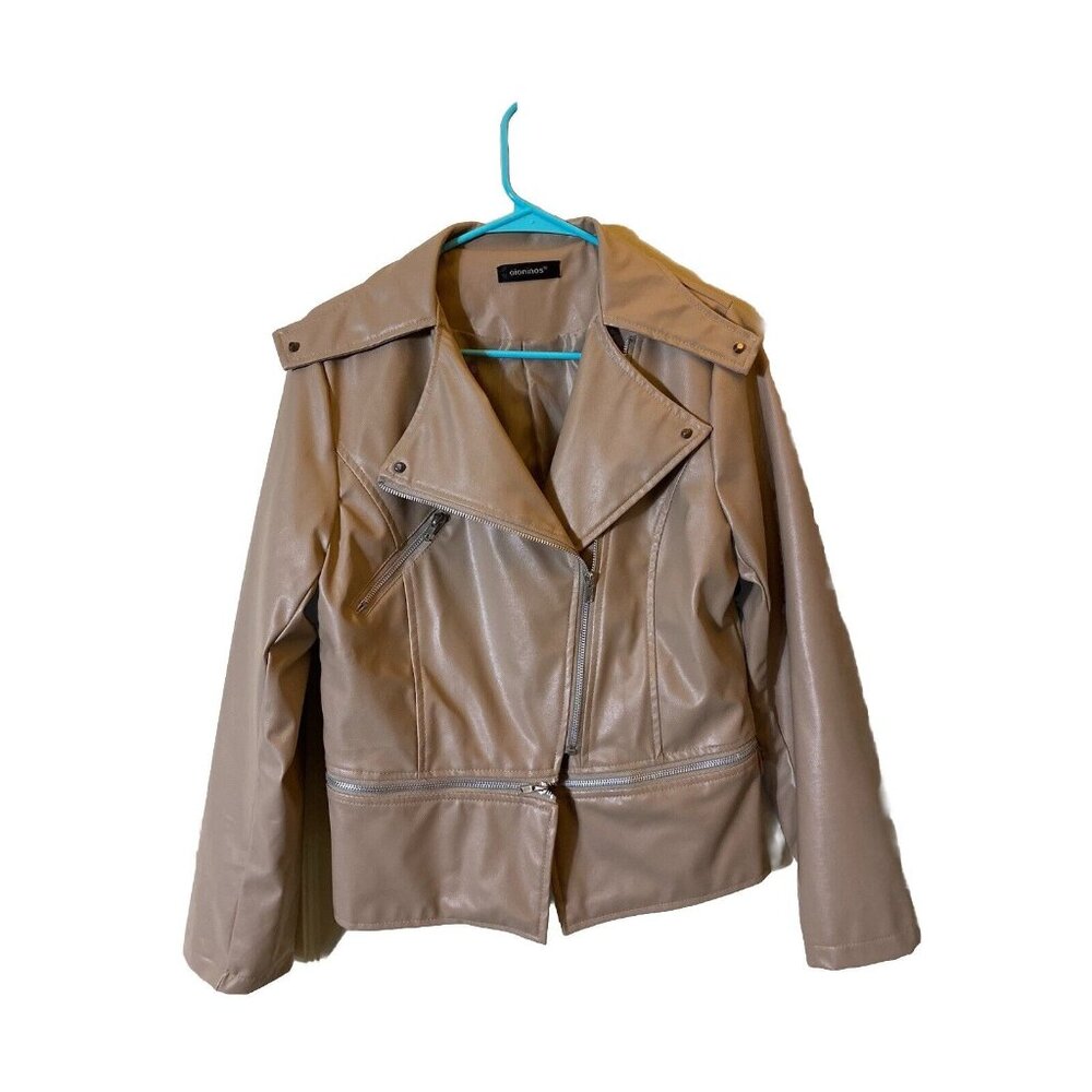 Oioninos Womens Sz S-M Biker Jacket Faux Leather Taupe Long Sleeve Zip Accent